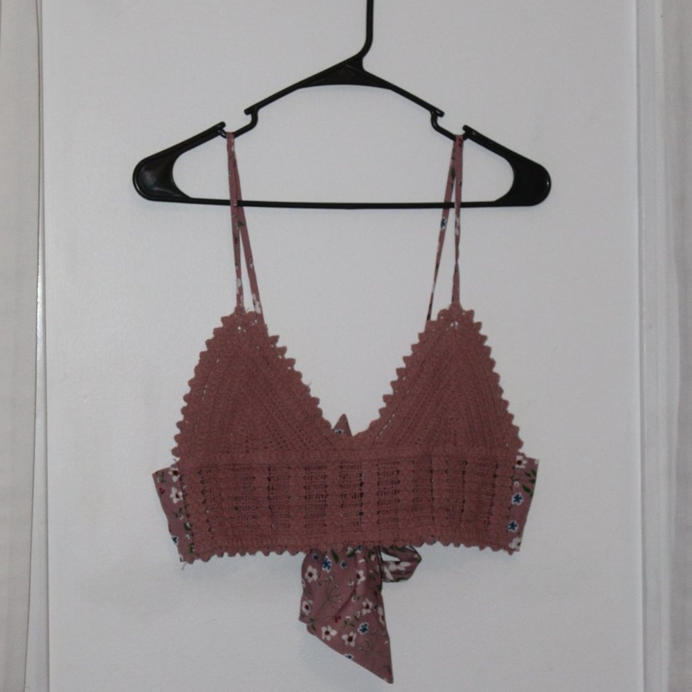 Crochet Top with Floral Ribbon Tie
